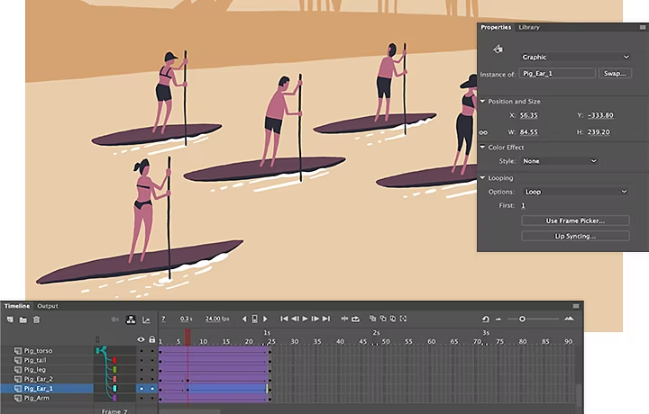 Interpolación de personajes animados haciendo paddleboard en Adobe Animate