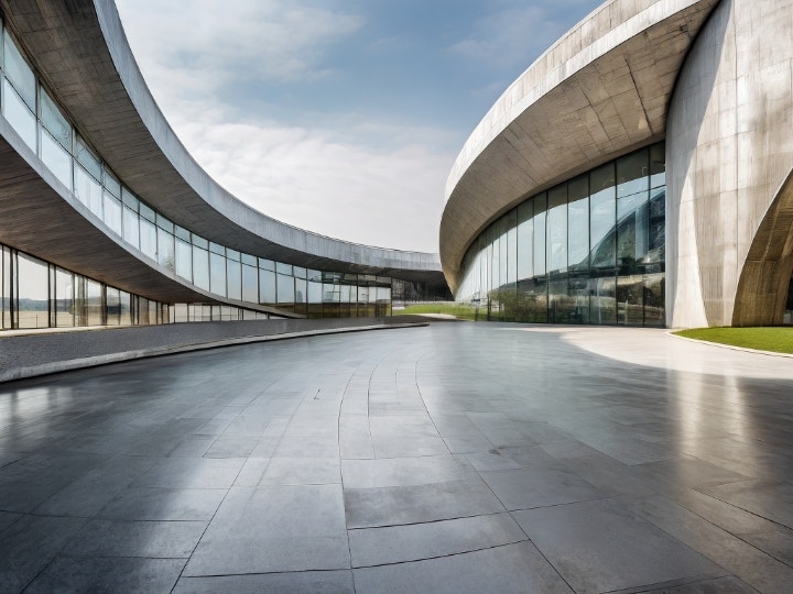 Imagen de Adobe Firefly de un edificio futurista en una plaza