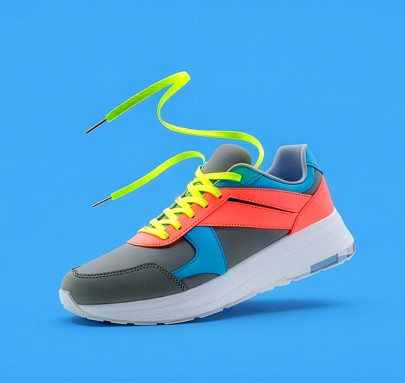 Zapatilla renderizada en 3D con colores vivos y cordones de color amarillo neón, suspendida sobre un fondo azul brillante