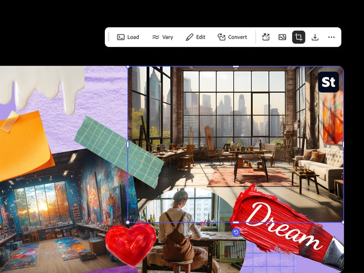 Tablero de objetivos que incluye fotos e imágenes generadas del estudio de un artista y la palabra “Dream” sobre una línea gruesa de pintura roja