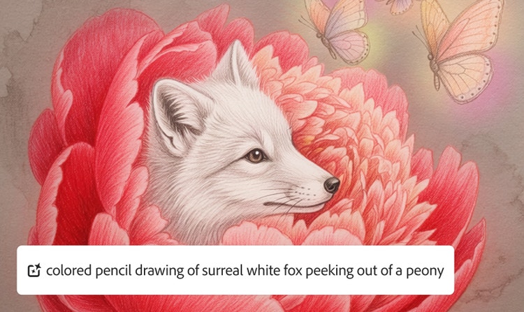 Imagen de un zorro blanco en peonías rosadas con mariposas, estilo lápiz de color, con la superposición de la indicación de texto a imagen que muestra el proceso de creación