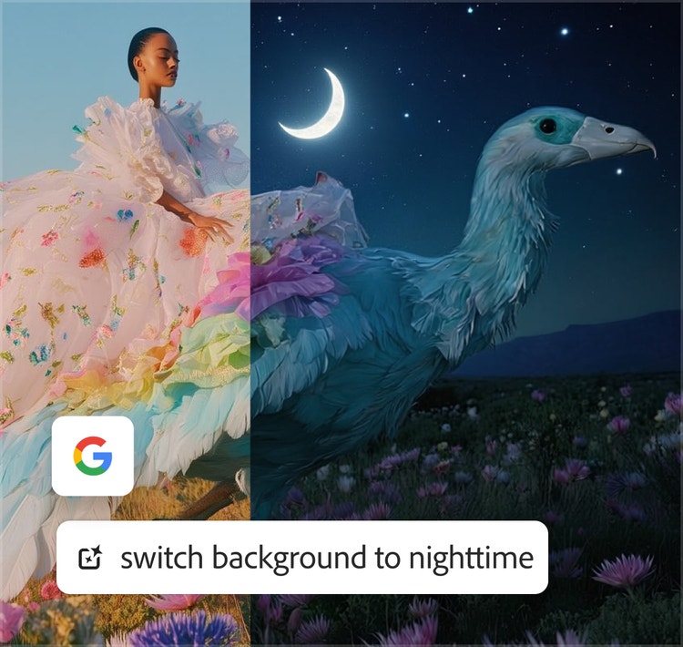 Imagen fantástica de una mujer con un vestido ondulante montando un ave grande, editada para obtener un fondo nocturno en lugar de un entorno diurno