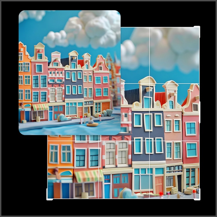 Imágenes de antes y después que muestran cómo una escena vertical de edificios holandeses de arcilla se amplía mediante el ampliador de imágenes con IA hacia una escena horizontal