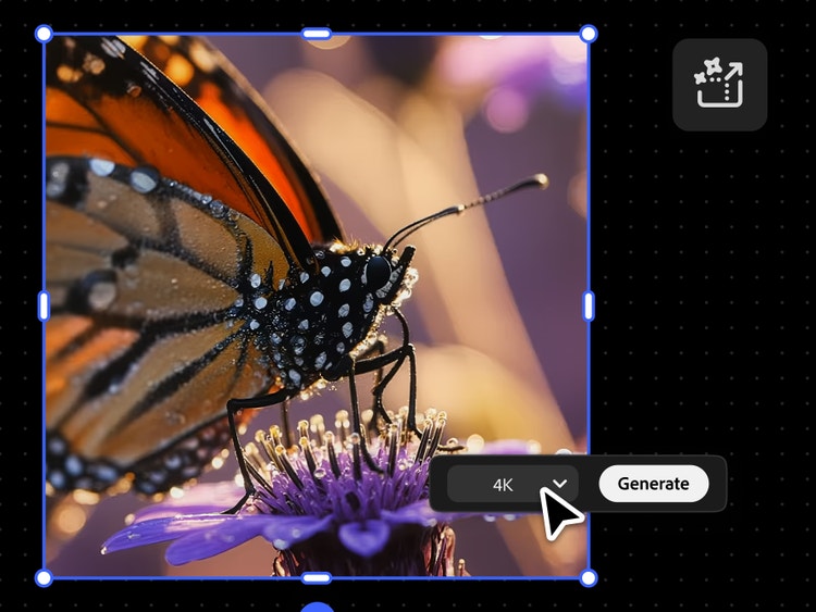 https://main--da-cc--adobecom.aem.page/cc-shared/assets/firefly/video/video-to-video/media_12fcfc954f1a92c939dd586de20bf2ed7e825aa36.mp4#_autoplay | Un video en primer plano de una mariposa posada sobre una flor morada se reproduce con mayor nitidez para mostrar la diferencia entre la resolución 1080p y 4K, a la vez que conserva el movimiento natural de la mariposa y los detalles de sus alas
