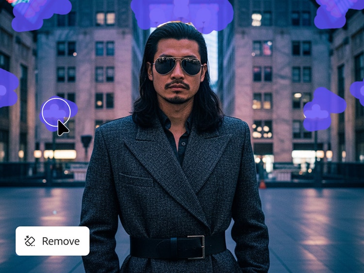 Imagen generada con IA de un hombre con gafas de sol parado frente a un paisaje urbano con áreas en el fondo resaltadas para eliminarlas