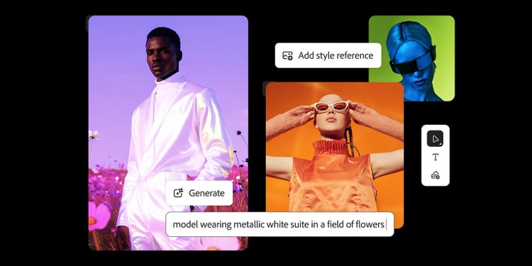 Tres imágenes generadas con IA para un tablero conceptual de moda: un hombre con un traje blanco metálico, una mujer con ropa anaranjada y gafas de sol, y una imagen de referencia de estilo futurista de una mujer en tonos azules con gafas, con la superposición de la IU de Firefly