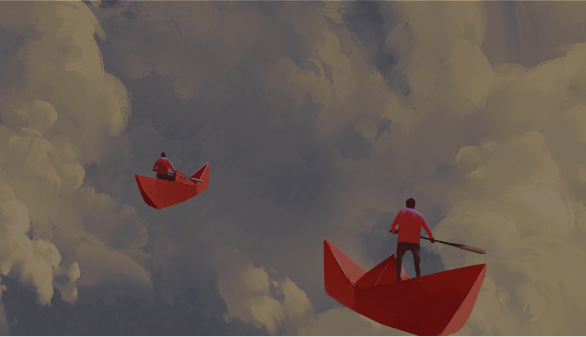 Painting of origami boats flying through clouds