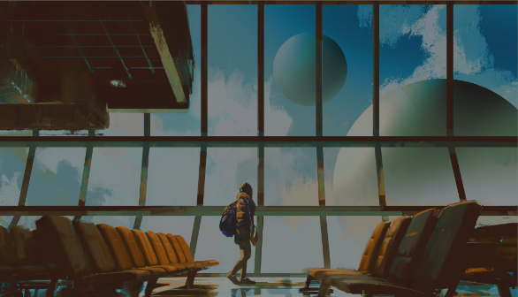 Painting of person in airport terminal looking at sky and planets out of the window