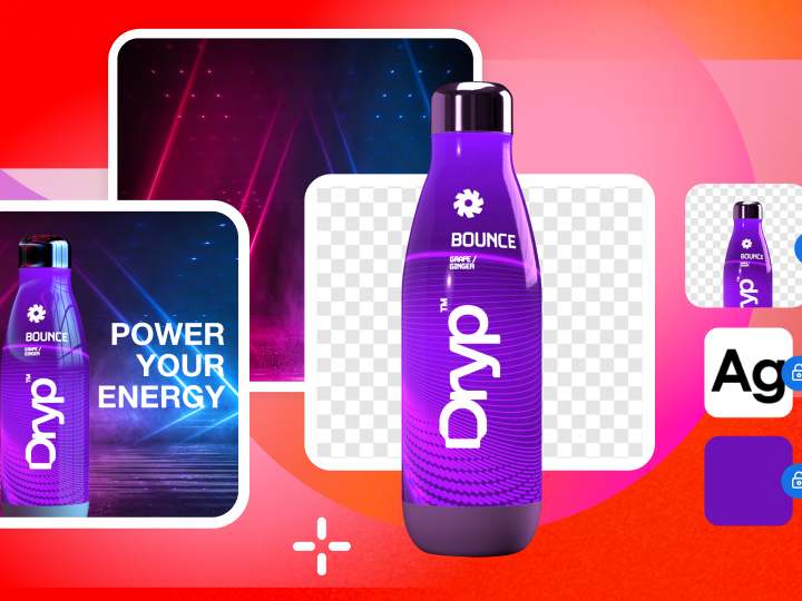 A collage of images showing a brand graphic and its design components. The final graphic shows a purple energy drink bottle with the words “Power your energy.” Components include the bottle graphic, a transparent background, a font, and a purple color swatch.