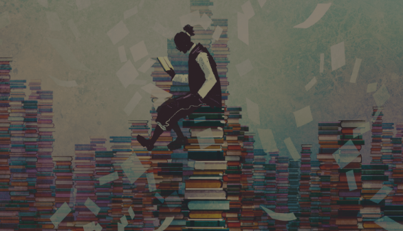 Painting of person sitting on stacks of books