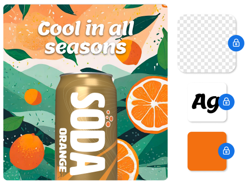 A brand image of an orange soda can against a background of greenery, oranges, and snowy mountains with the words “Cool in all seasons.” Beside it are smaller images representing a transparent background, a font, and an orange color swatch.