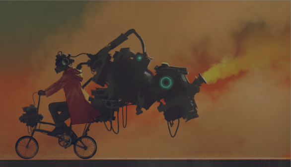 Painting of person riding bicycle with large engine on the back