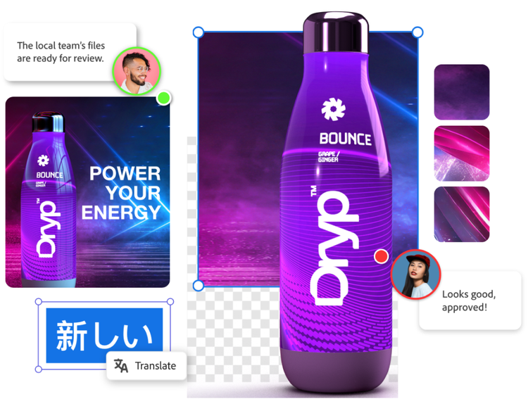 A collage showing a brand graphic in final form, its design components, and Adobe Express user interface elements. The graphic shows a purple bottle with the words “Power your energy, and components include the bottle graphic, a transparent background, and colored swatches. User interface elements include a “Translate” button in front of Korean text plus portrait shots of marketers and their review comments.
