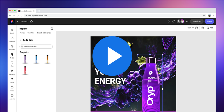 https://main--cc--adobecom.hlx.page/cc-shared/fragments/modals/videos/business/enterprise/uc5#uc5 | A video thumbnail image showing the Adobe Express UI with an image of a purple Dryp energy drink bottle against a background of purple liquid swirls. To the left of the canvas the Brands & Libraries tab is open in the Replace menu, and there are four additional Dryp bottle graphics in different colors. | :play: