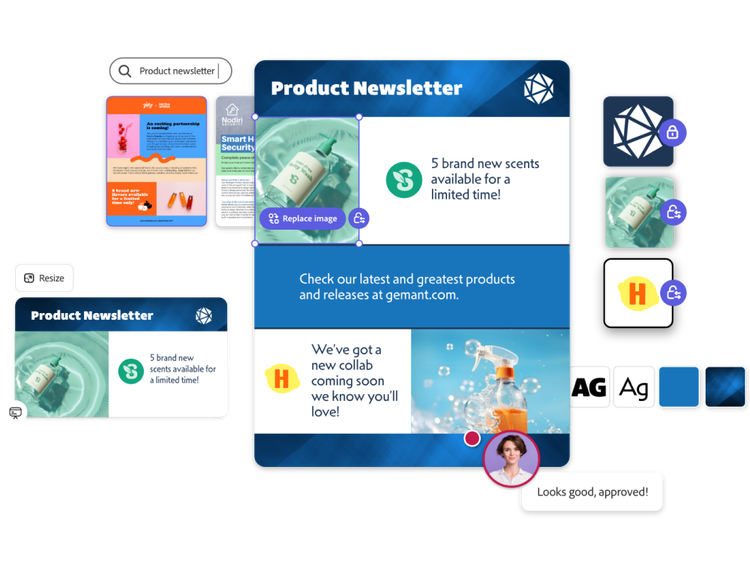 A collage of images in different sizes. The largest image shows the layout of a product newsletter containing text and images promoting cleaning products. The layout is surrounded by its design components, including a black-and-white geometric logo, a green image of a cleaning product dispenser bottle, a lemon icon with a “H” in the middle, typography elements, and blue color swatches. The collage also includes a generative AI text prompt bar that contains the words “Product newsletter,” a “Resize” icon, and an image of a reviewer next to the words “Looks good, approved!”