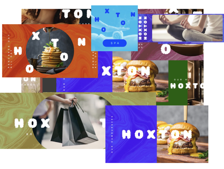 A collage of images showing shopping bags, people in yoga poses, and food items like a gourmet cheeseburger and a stack of pancakes with the brand name HOXTON.