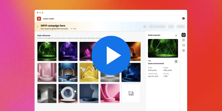 https://main--cc--adobecom.hlx.page/cc-shared/fragments/modals/videos/business/enterprise/uc2#uc2 | A video thumbnail image showing the Adobe Express UI. The canvas shows an image of an orange Dryp energy drink bottle on a background with multi-colored bokeh effects and the words "Grab. Drink. Go." To the right of the canvas is a window with a folder labeled Dryp International Campaign that displays the same image in different sizes. | :play: