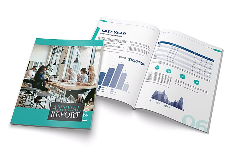A cover of an annual report next to an opened annual report