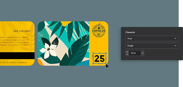 Adding a price to a custom coffee shop gift card design in Adobe Illustrator