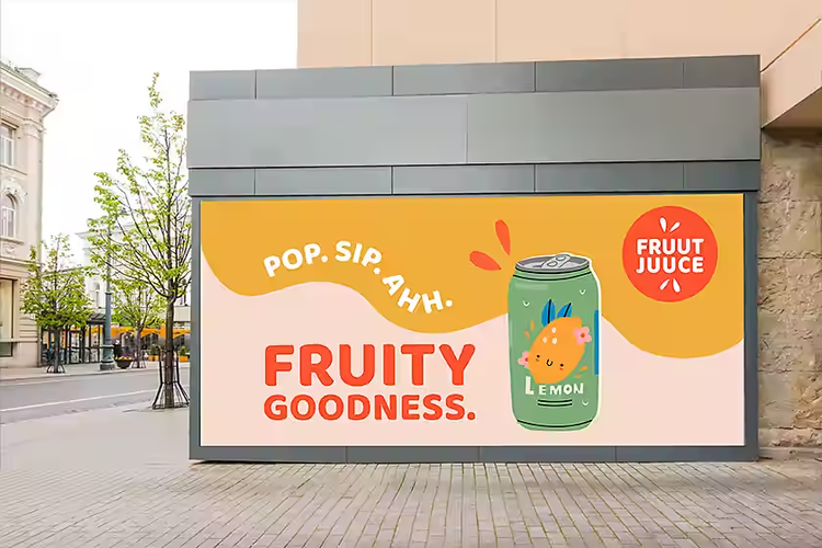 A fruit juice ad on the side of a building billboard