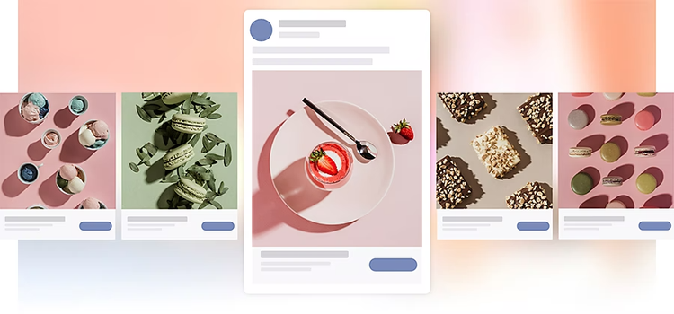 An image carousel of different Facebook ad designs in front of a colorful background