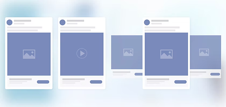 An image carousel of different Facebook ad designs in front of a gradient blue background