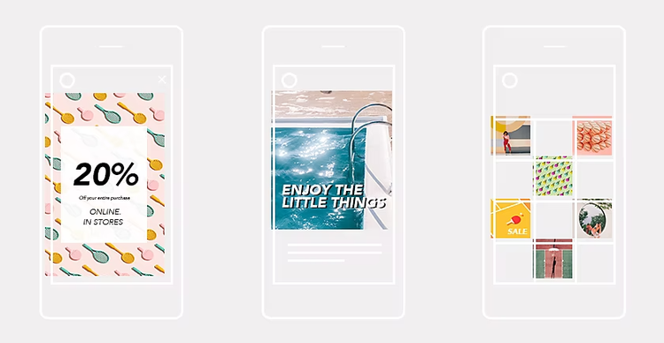 3 phone wireframes side by side of sample Instagram content