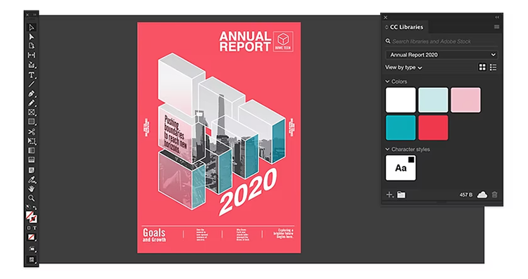An annual report being designed in Adobe InDesign