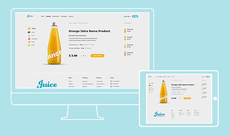 Designing a small business website for a juice company on desktop and a tablet