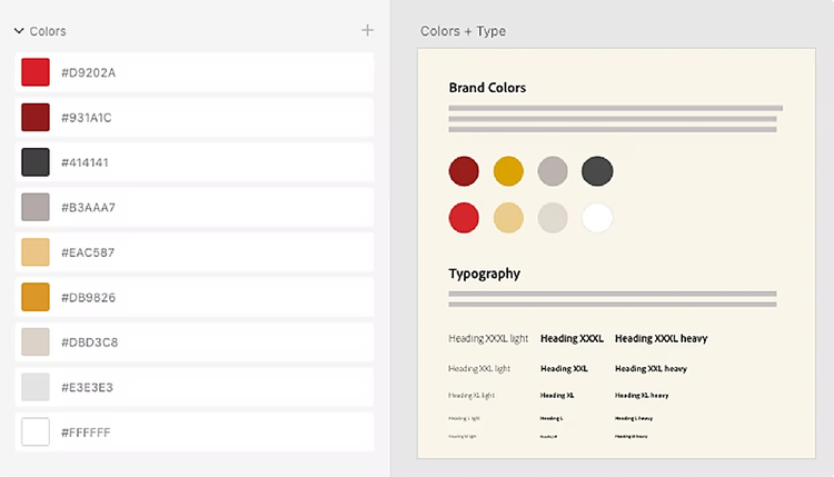 A brand kit page that lists out a brand’s color palettes with hex color codes and brand typography