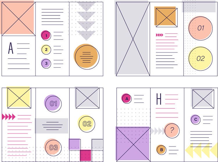 Collage of drawn business brochure wireframes