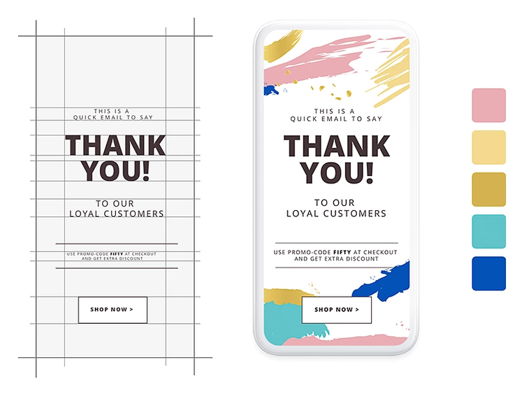 A wireframe of an email design next to a final email design viewed on a mobile phone
