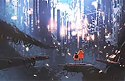 Two cartoon characters staring at a futuristic matte painting in the background
