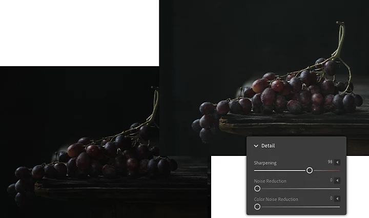 Before and after of an image's sharpness adjusted using Adobe Lightroom