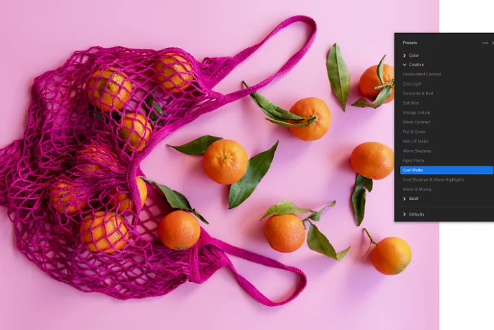 The Adobe Lightroom color presets window superimposed over a flat lay photo of oranges falling out of a purple mesh bag
