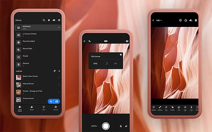 Screenshots of the Adobe Lightroom Mobile photo editing app.