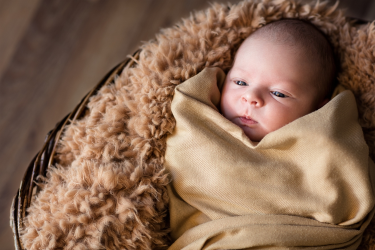 A photo of a newborn baby lying in a basket.