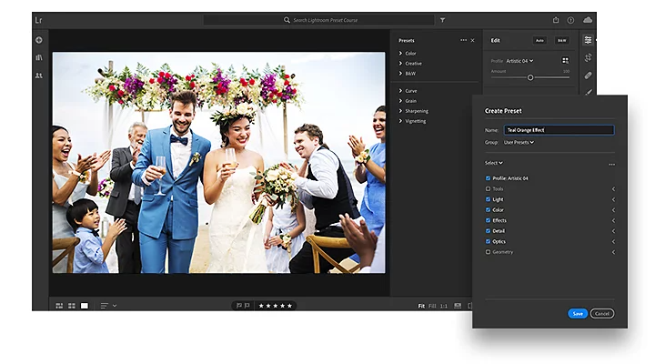 Editing a wedding photo of a groom and bride in Adobe Lightroom