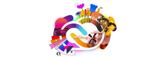 Logo Creative Cloud s&nbsp;různými ilustracemi vycházejícími ze středu, obrázek
