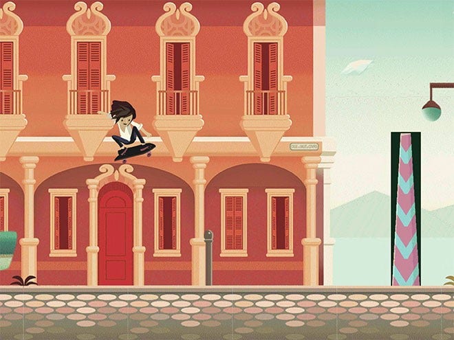 Kreslený skateboardista jedoucí ulicí města