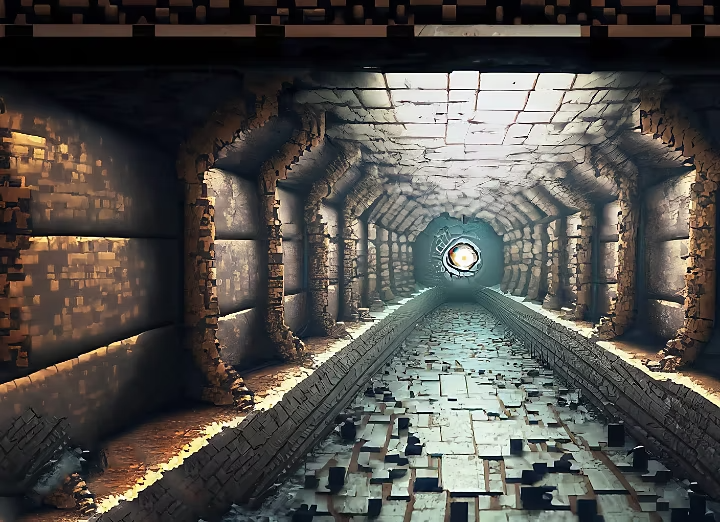 Obrázek podzemního tunelu s atmosférickým osvětlením vytvořený pomocí Firefly, obrázek demonstruje využití AI při návrhu úrovní pro vývojáře her