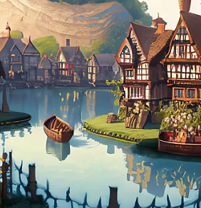 Obrázek domů u řeky s horami v pozadí vytvořený pomocí Firefly, obrázek demonstruje využití AI při tvorbě environmentální grafiky pro vývojáře her