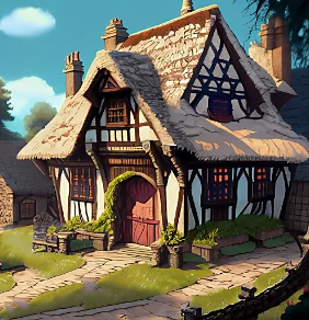 Obrázek domu a dlážděné cesty vytvořený pomocí Firefly, obrázek demonstruje využití AI pro návrh architektonické grafiky ve hrách