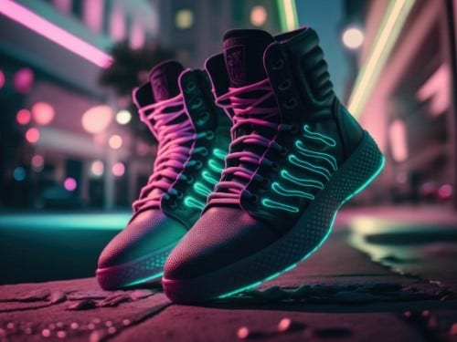 Produktový záběr vygenerovaný ve Firefly, na kterém jsou tenisky s neonovými tkaničkami a světelnými akcenty na betonovém povrchu a pozadí vytvořené pomocí AI