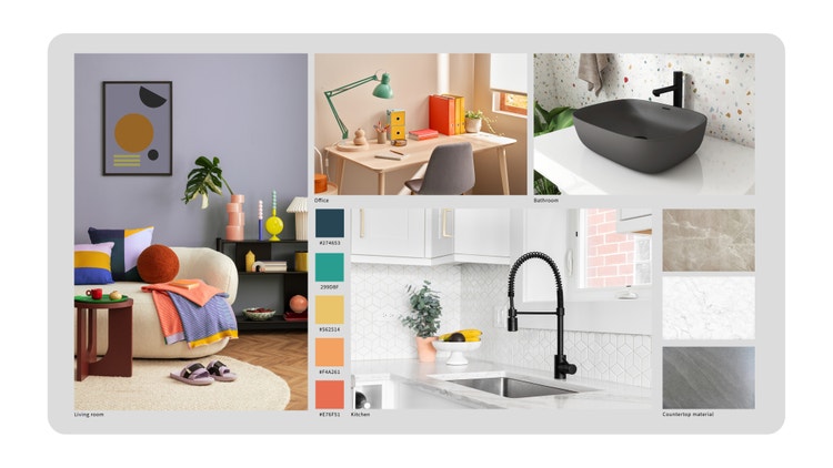 Příkladový moodboard návrhu interiéru prezentující styly moderního designu vytvořený pomocí funkce Firefly Plátna
