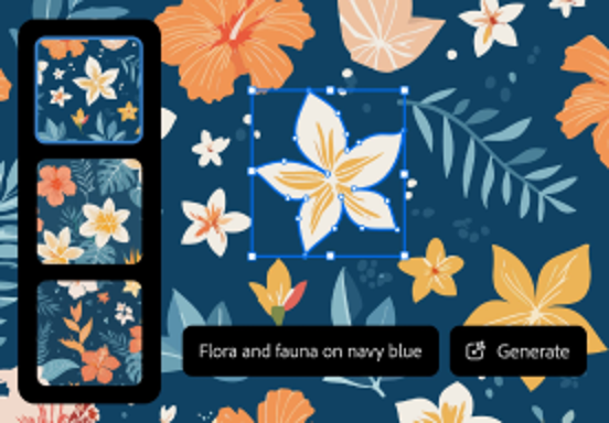 Kreslený vzor květin na modrém pozadí s textem „Flora a fauna na tmavě modré“