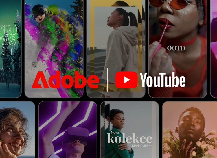 Snímky ze tří videí YouTube Shorts – žena s červeně tónovanými brýlemi, snowboardista, žena s náhlavní soupravou pro VR a muž držící kytici – vše je doplněno překryvnými logy Adobe a YouTube