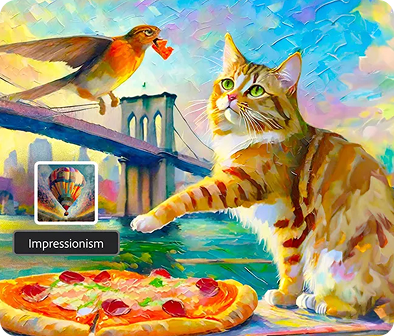 Obrázek kočky baštící pizzu. Podle pokynu pro AI ho v impresionistickém uměleckém stylu vygenerovala technologie Firefly.