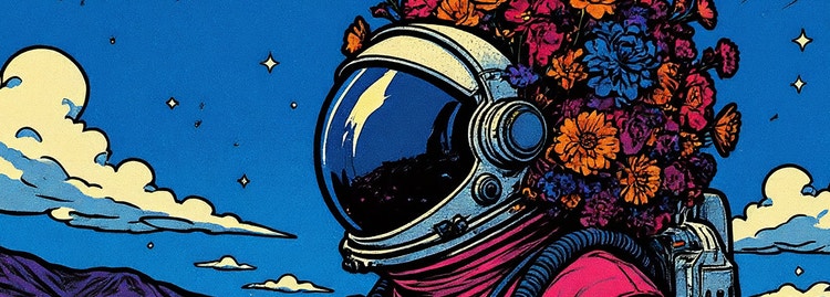 Komiksový obrázek osoby v astronautské helmě ozdobené korunou z barevných květin na jasně modrém pozadí.