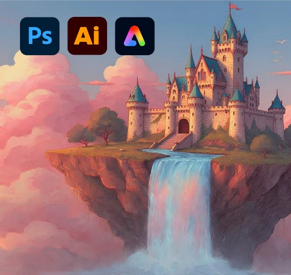 Fantastický hrad stojí na vrcholu plovoucího ostrova s vodopádem a je obklopený růžovými mraky při západu slunce.